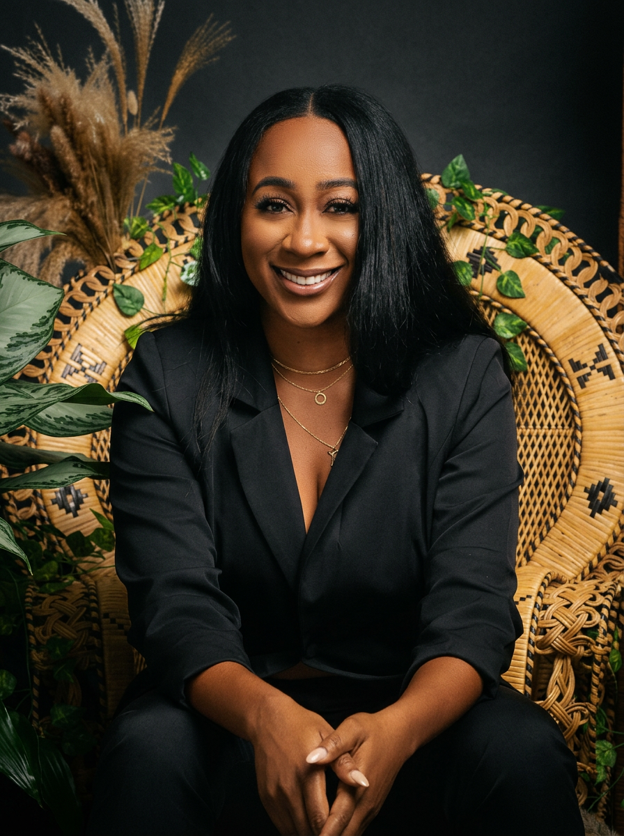 Portrait of Nikki Green, founder and lead skin therapist of The Beauty Bungalow, smiling warmly while seated in a rattan peacock chair surrounded by lush greenery and pampas grass.
