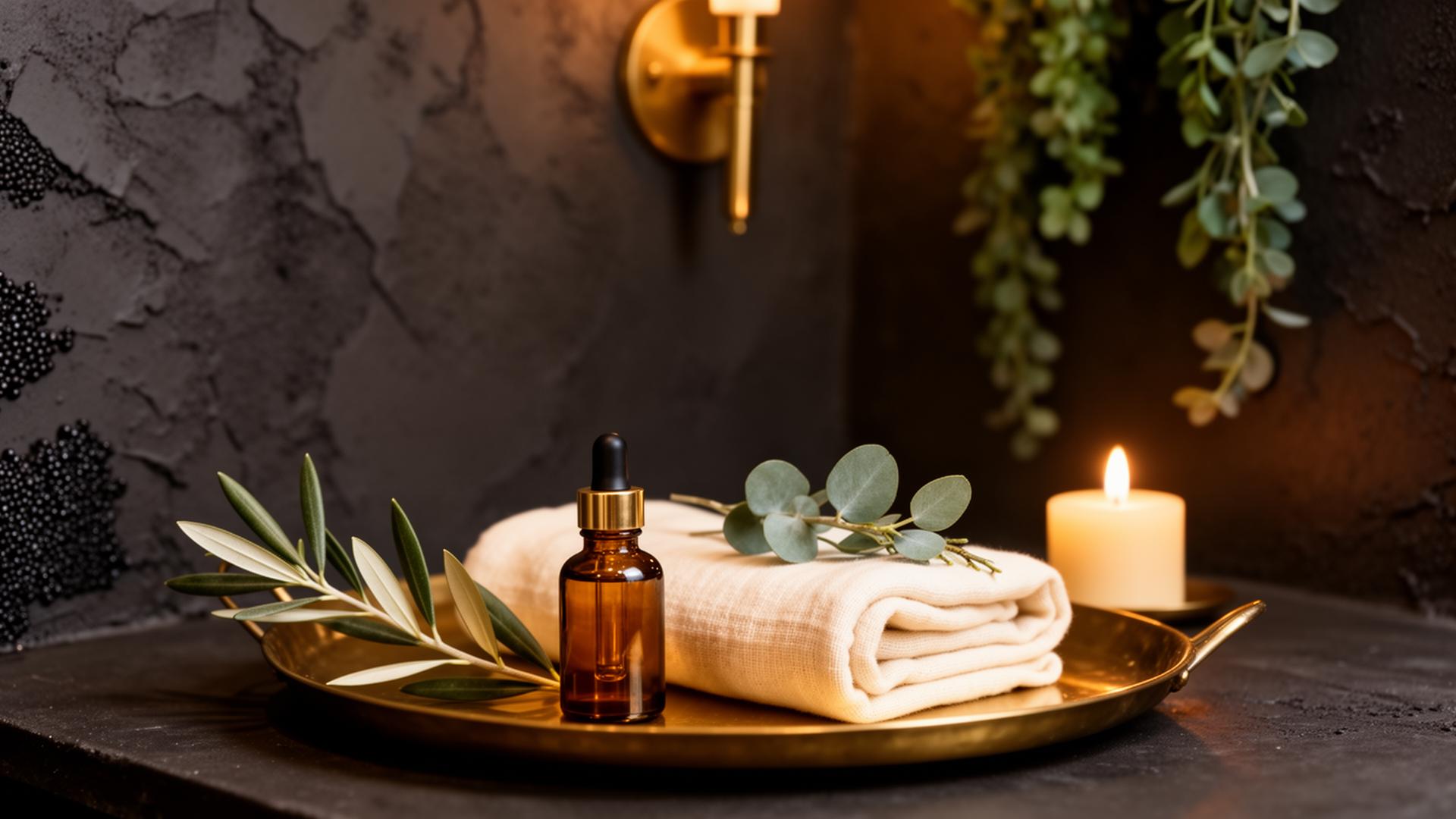 Brass tray with amber dropper bottle, linen towel and eucalyptus inside the bungalow