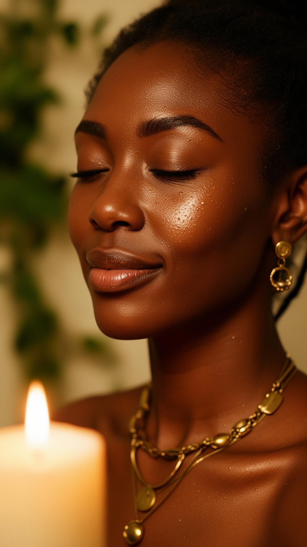 A client with deep brown skin glowing in warm candlelight
