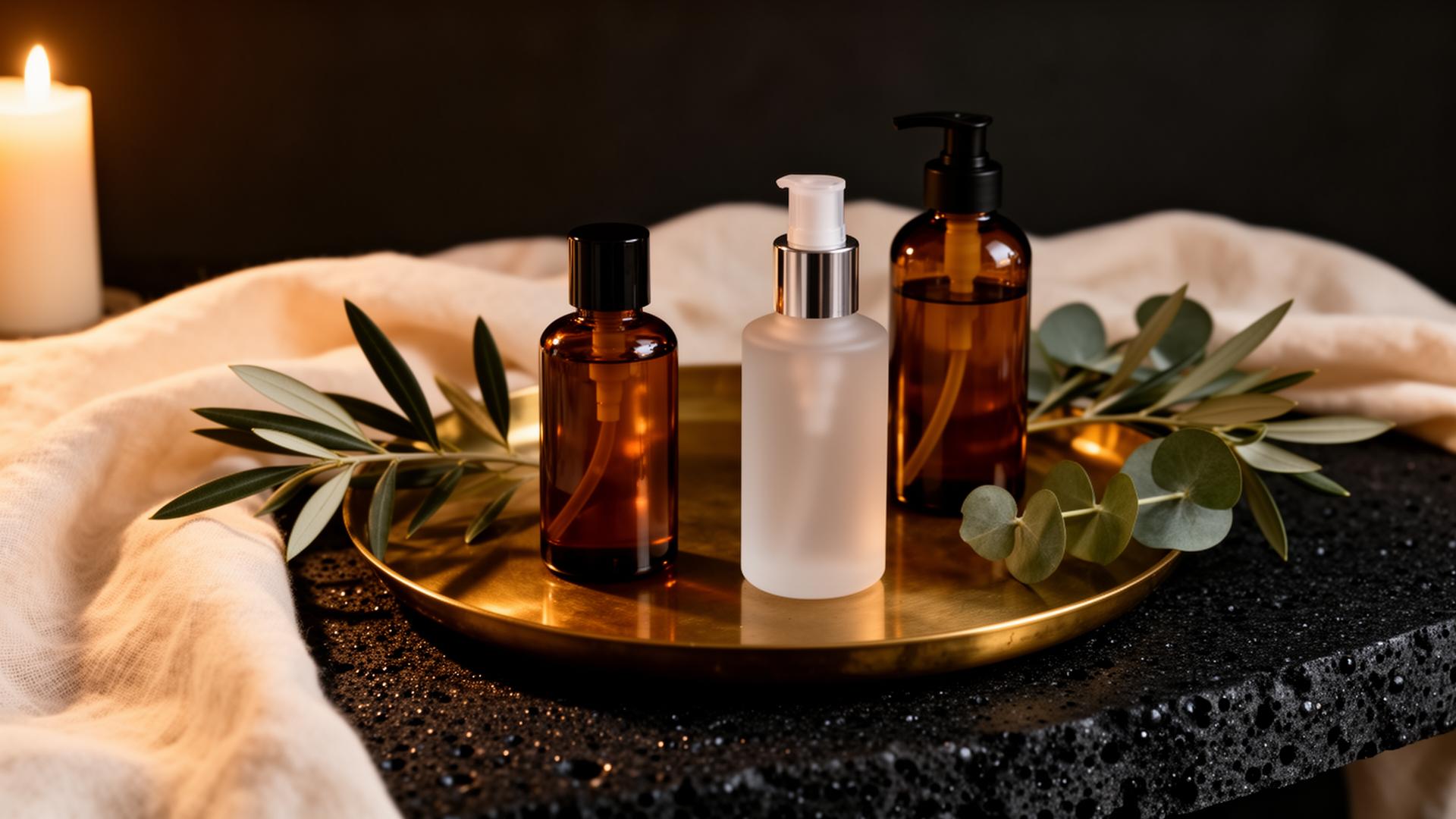 Curated professional skincare on a brass tray with olive and eucalyptus